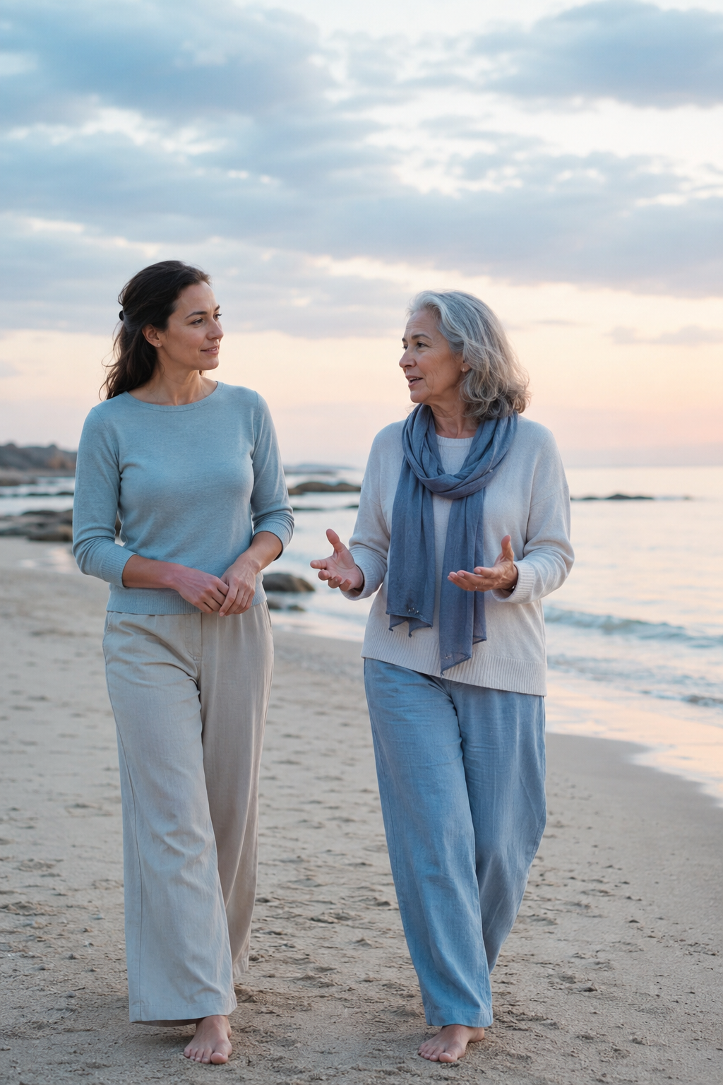 Una psicologa e una donna camminano e conversano sulla spiaggia all’alba