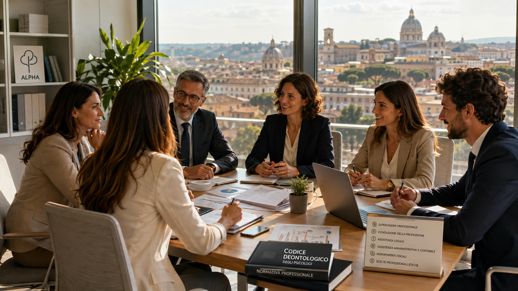 Professionisti riuniti per la supervisione e l’assistenza agli psicologi in un ufficio affacciato su Roma